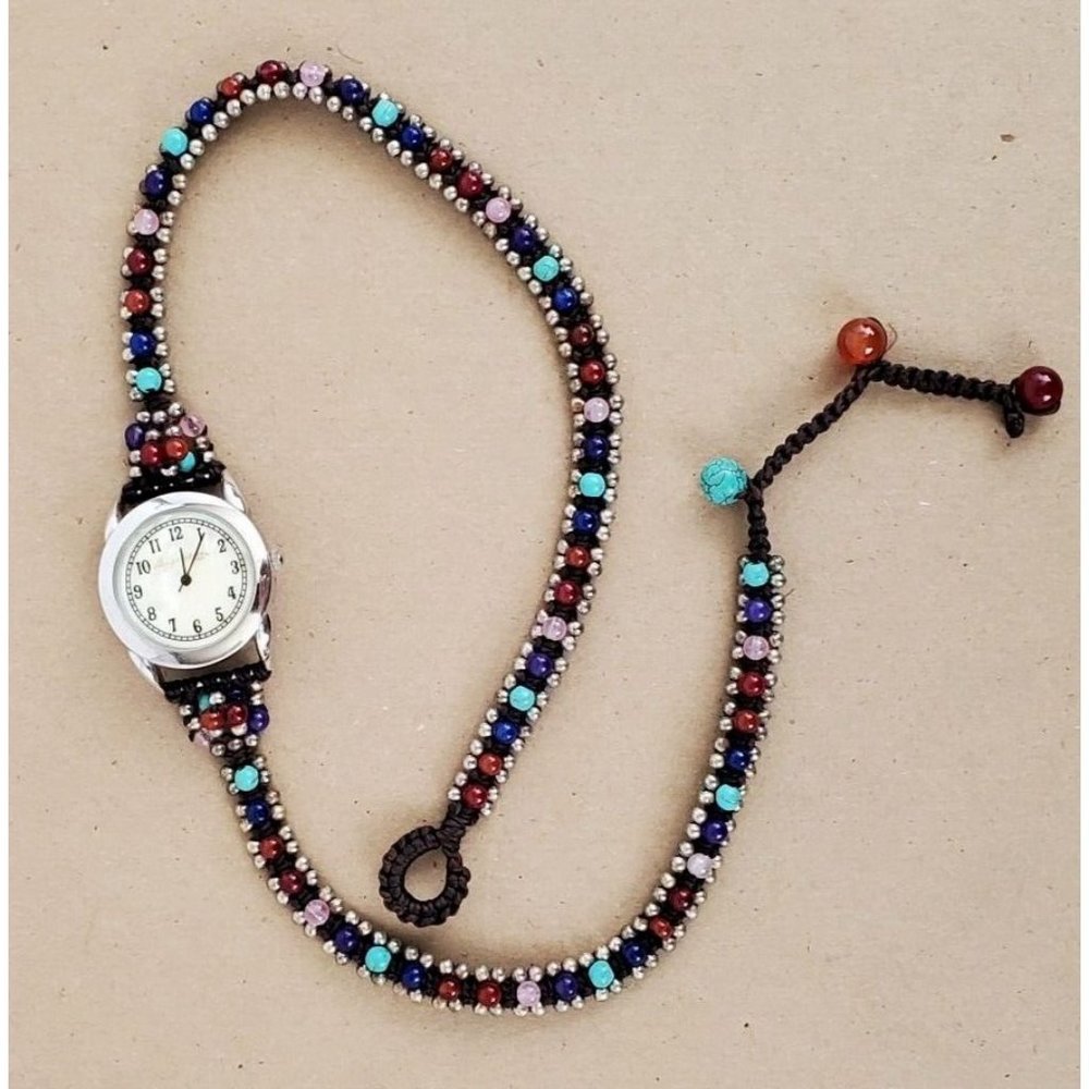 Elly Preston Multi Color Gemstone Mother of Pearl Woven Bead Wraparound Watch